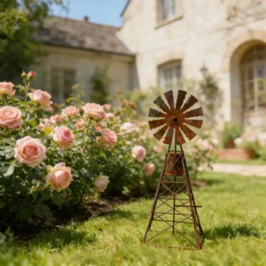 rustic-windmill-garden-stake-01 Rustic windmill garden stake displayed beside rose bushes