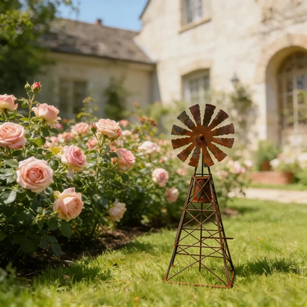 Rustic windmill garden stake displayed beside rose bushes