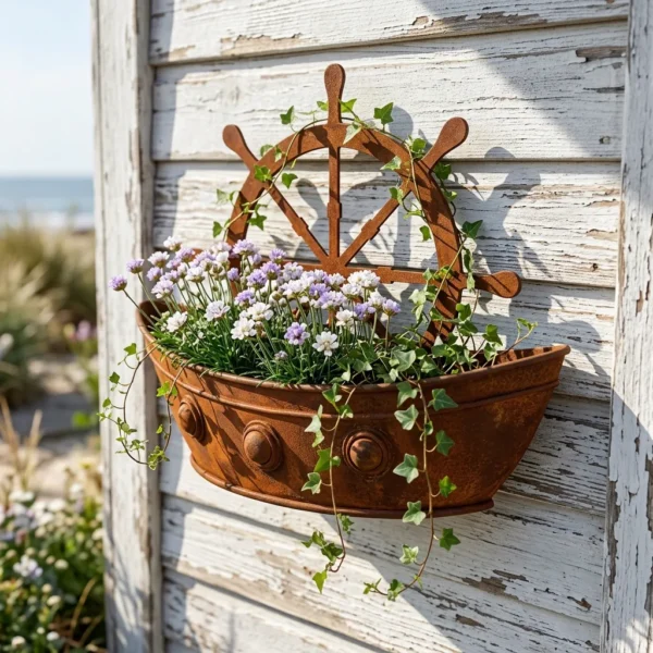 Rustic Ship Wheel Wall Planter for Outdoor Flowers