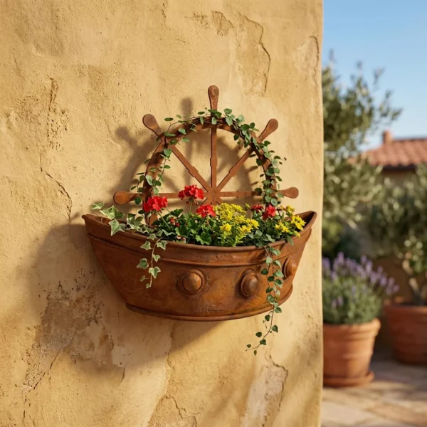 Rustic Ship Wheel Wall Planter for Outdoor Flowers