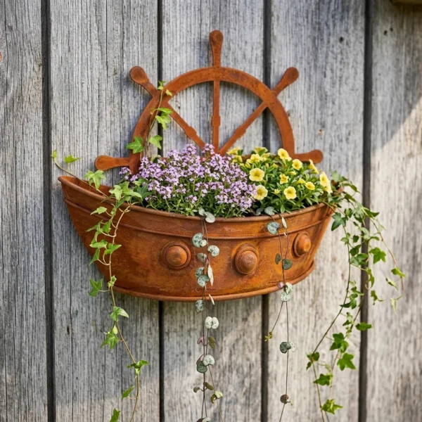 Rustic Ship Wheel Wall Planter for Outdoor Flowers
