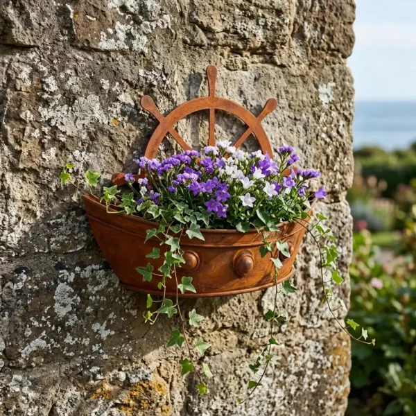Rustic Ship Wheel Wall Planter for Outdoor Flowers