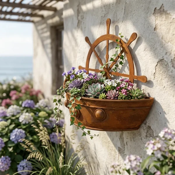 Rustic Ship Wheel Wall Planter for Outdoor Flowers