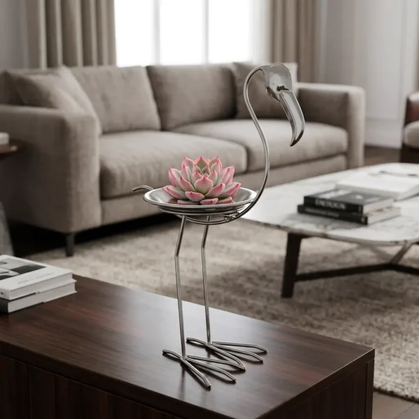 silver-crane-plant-stand-02 Silver Crane Plant Stand with Tray for Tabletop Decor