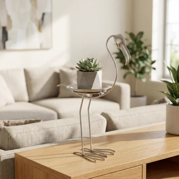silver-crane-plant-stand-03 Silver Crane Plant Stand with Tray for Tabletop Decor