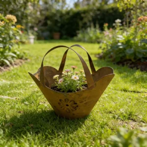 Rustic basket planter with flower cutouts holding blooms in a garden