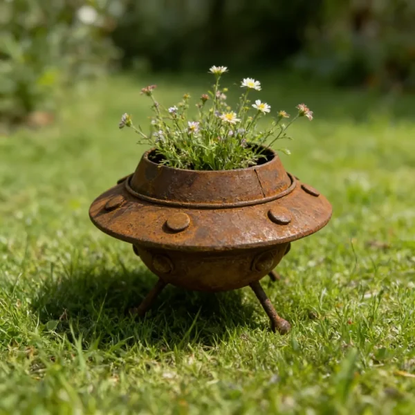 Rustic UFO planter with flowers for whimsical garden decor