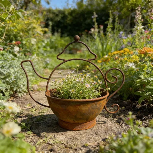 Watering can shaped planter with flowers for a cheerful garden display