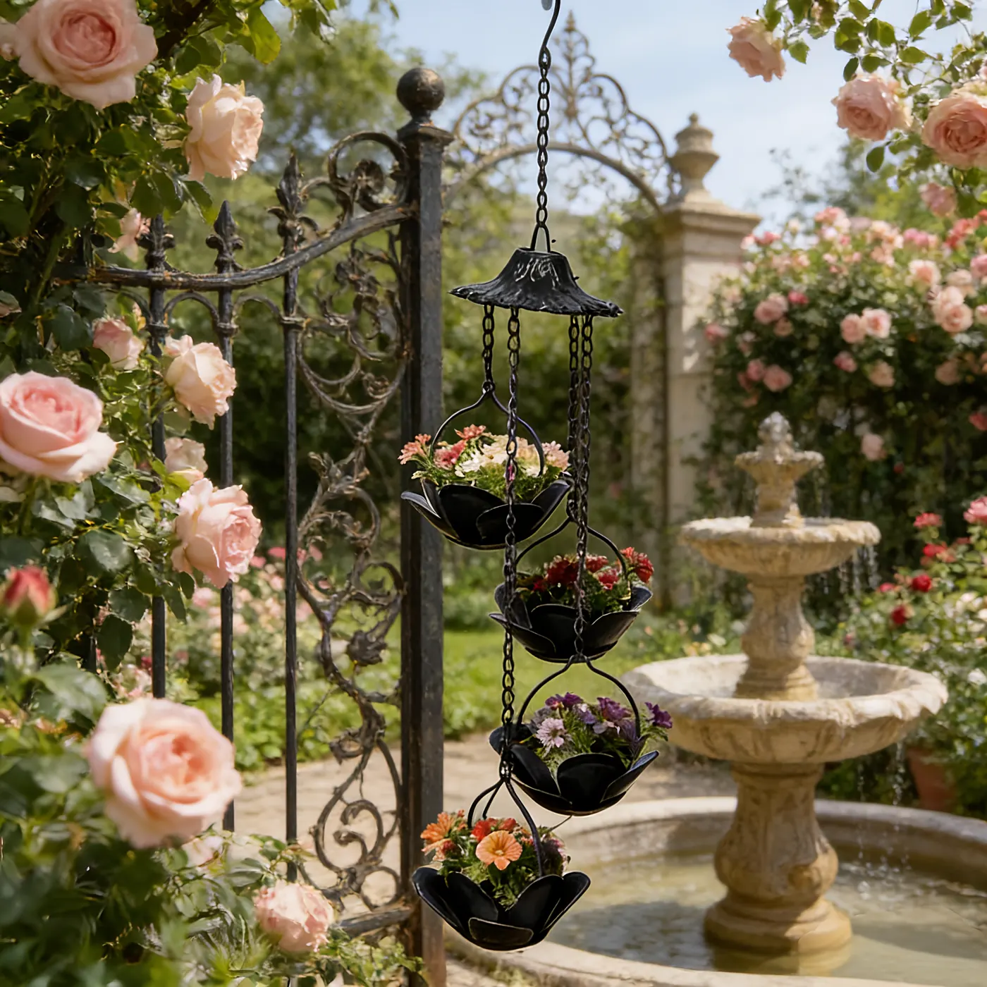 Four-Tier Black Lotus Hanging Planter Chain for Outdoor Gardens - Image 2