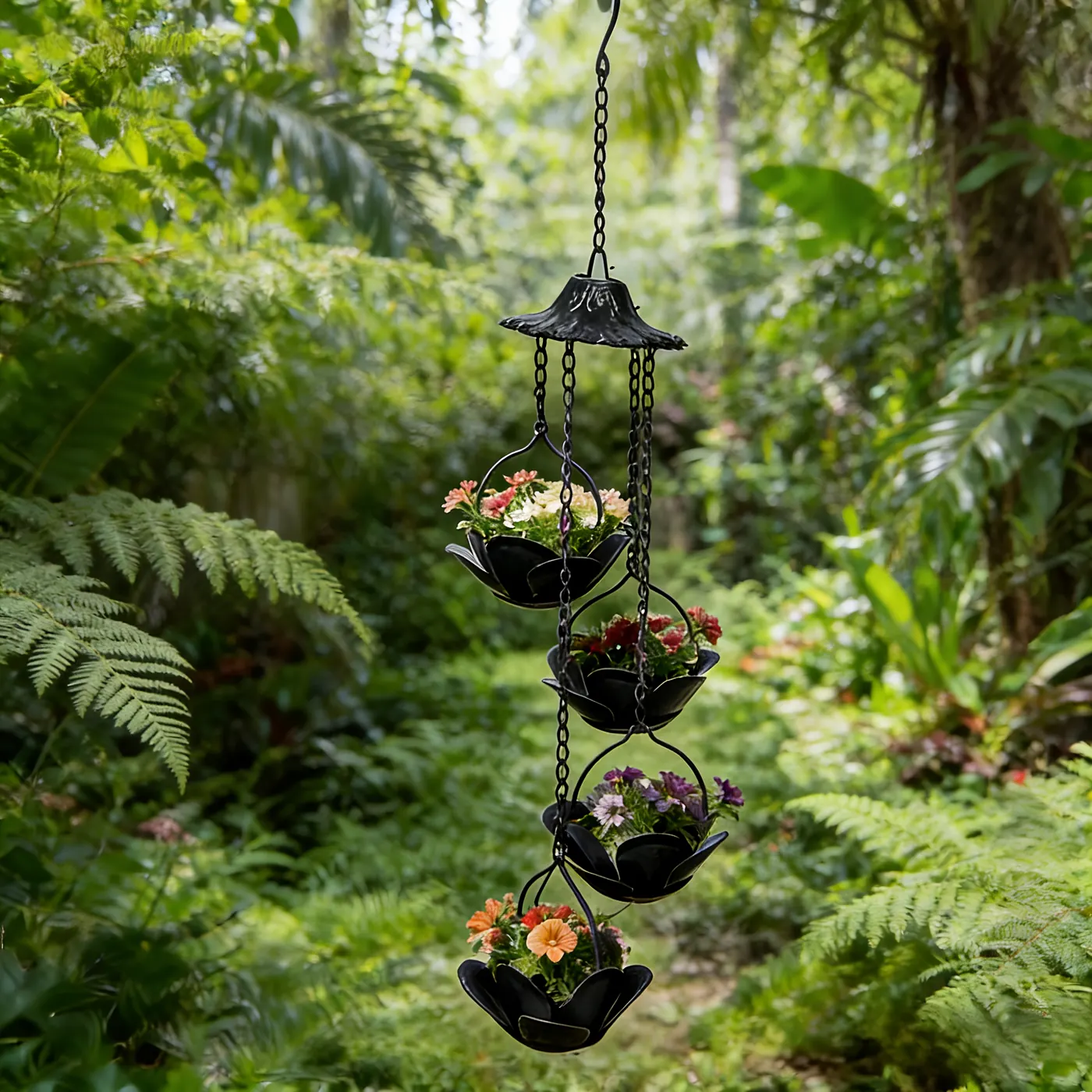 Four-Tier Black Lotus Hanging Planter Chain for Outdoor Gardens - Image 3