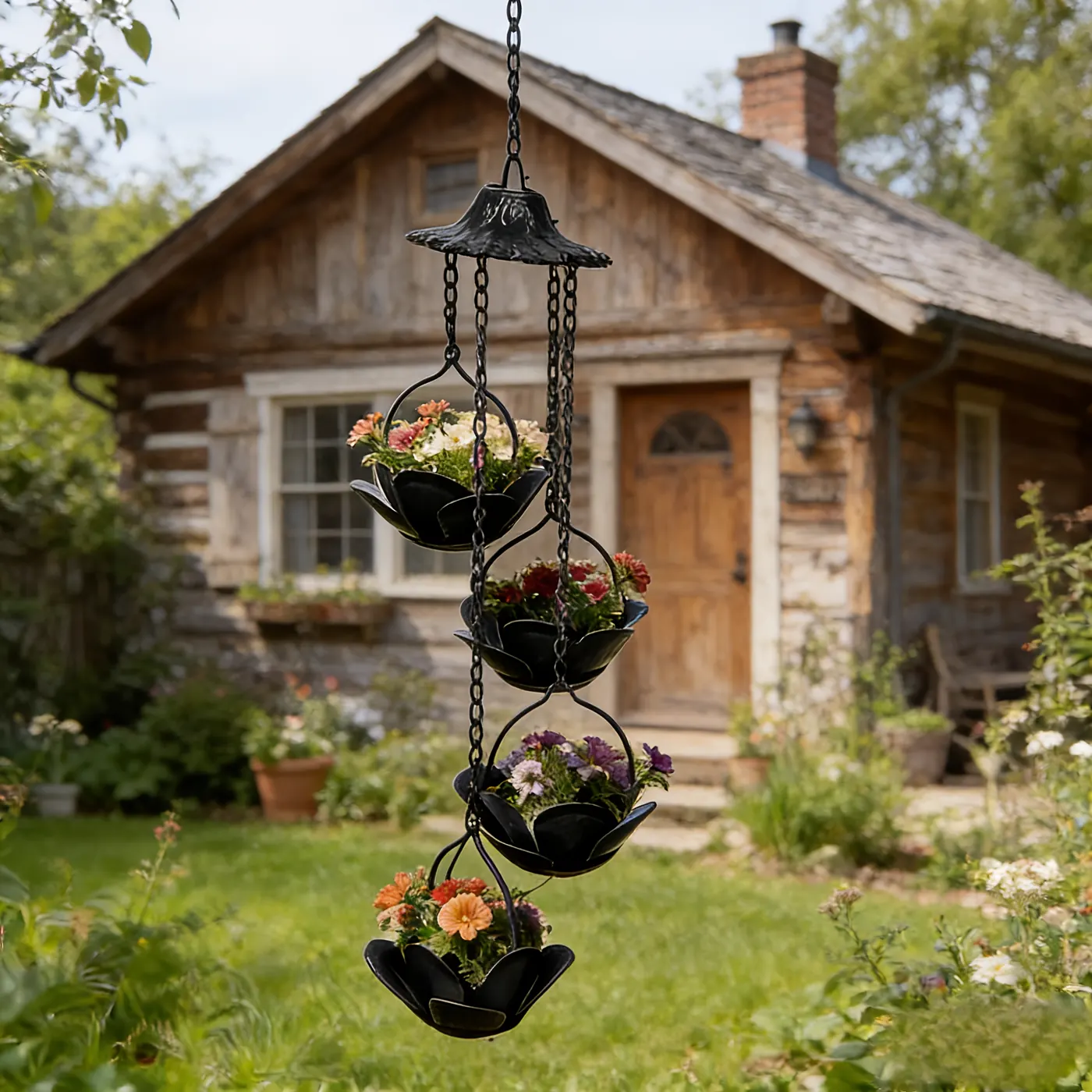 Four-Tier Black Lotus Hanging Planter Chain for Outdoor Gardens - Image 4