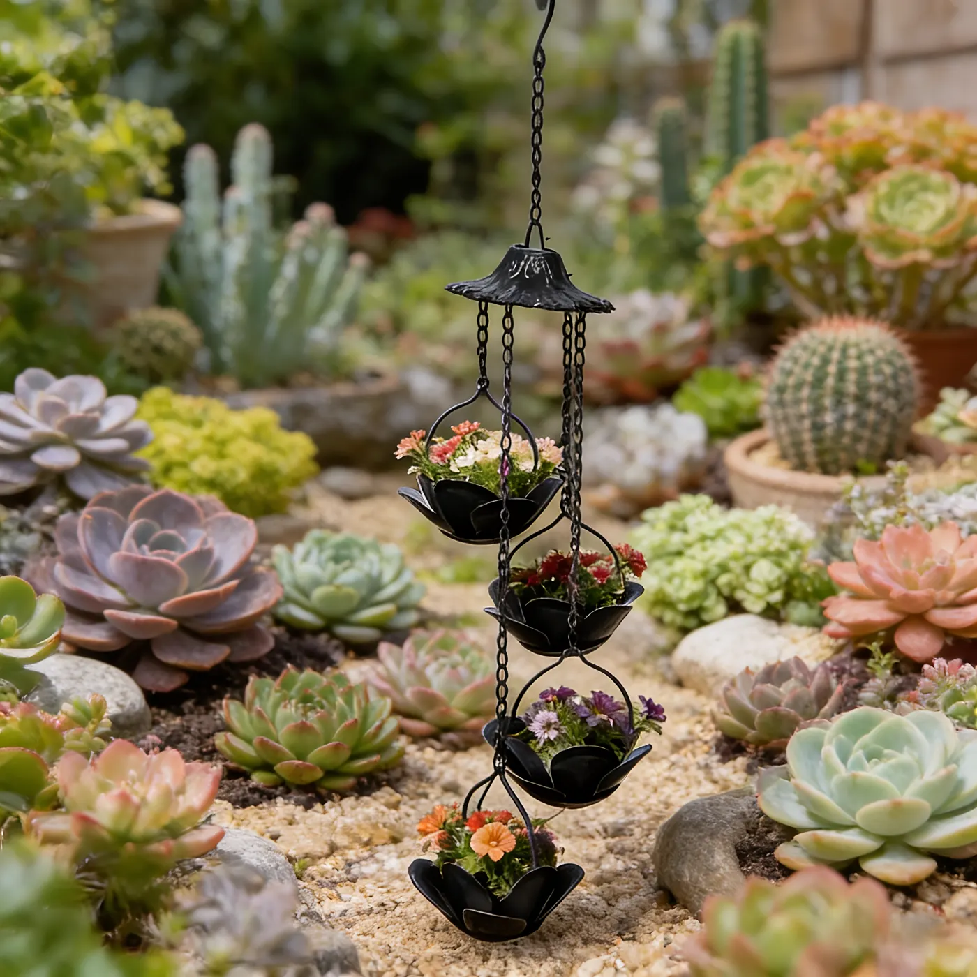 Four-Tier Black Lotus Hanging Planter Chain for Outdoor Gardens - Image 6