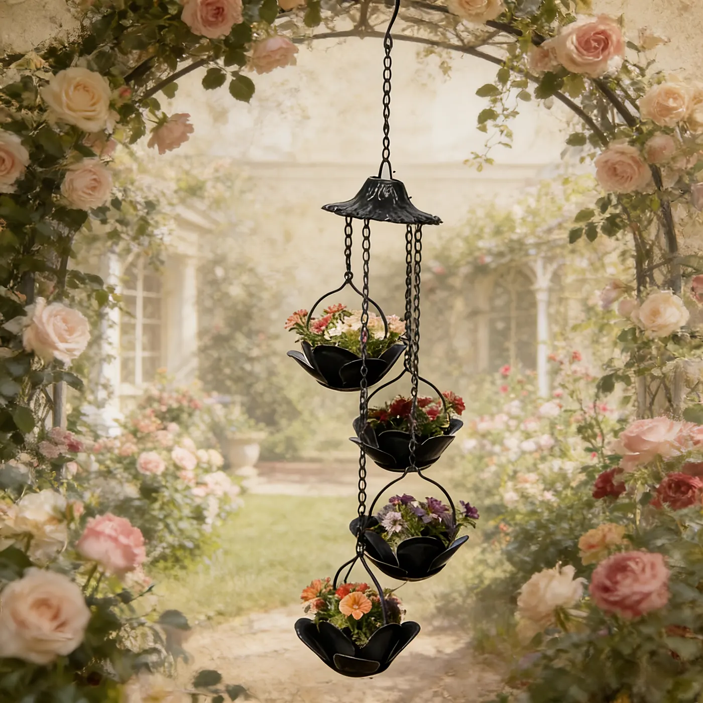 Four-Tier Black Lotus Hanging Planter Chain for Outdoor Gardens - Image 7