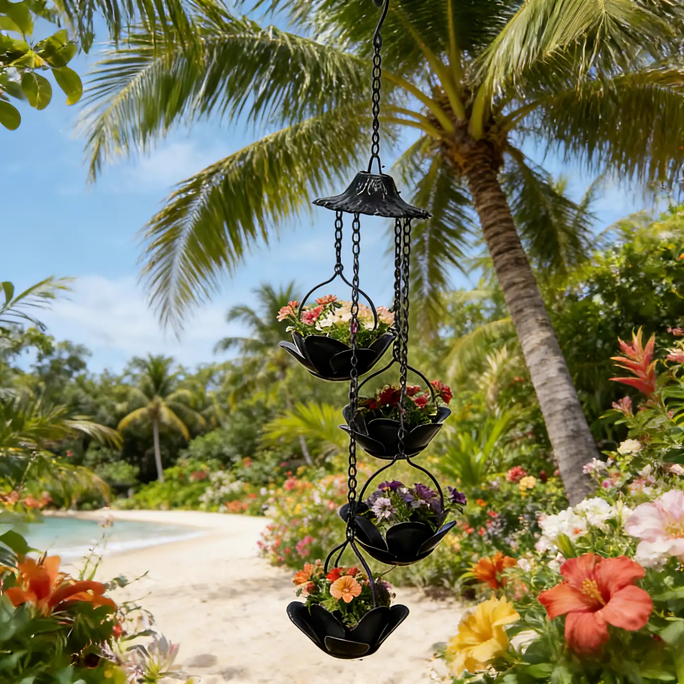 Four-Tier Black Lotus Hanging Planter Chain for Outdoor Gardens - Image 9