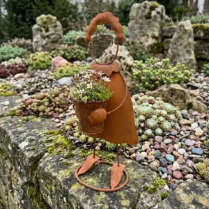 Rustic iron figure planter for garden and patio decor