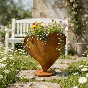 Rustic heart-shaped planter box for garden and patio decor