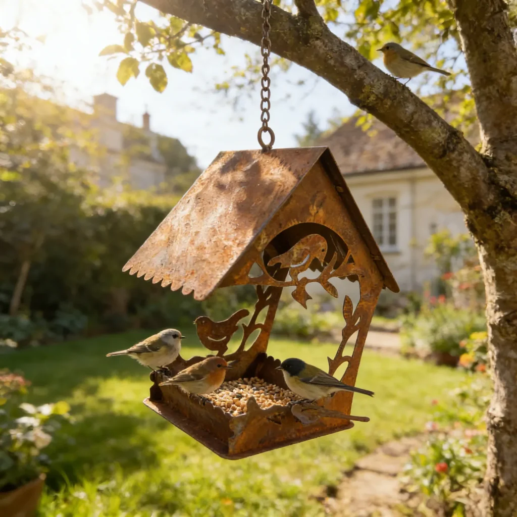 Rustic hummingbird bird feeder tray for outdoor gardens