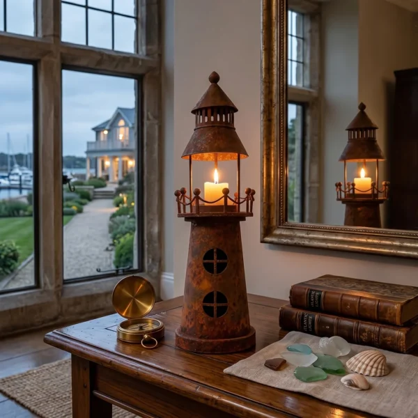 The Coastal Lighthouse Statue — Rust-Finish Iron Garden Statue — styled product view