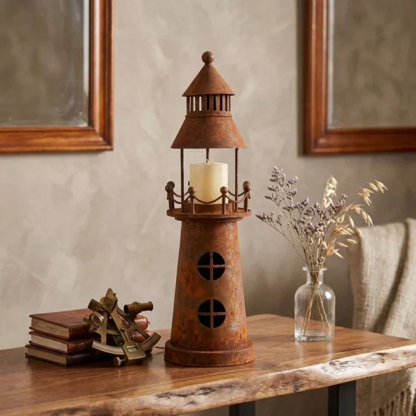 The Coastal Lighthouse Statue — Rust-Finish Iron Garden Statue — iron finish and product detail
