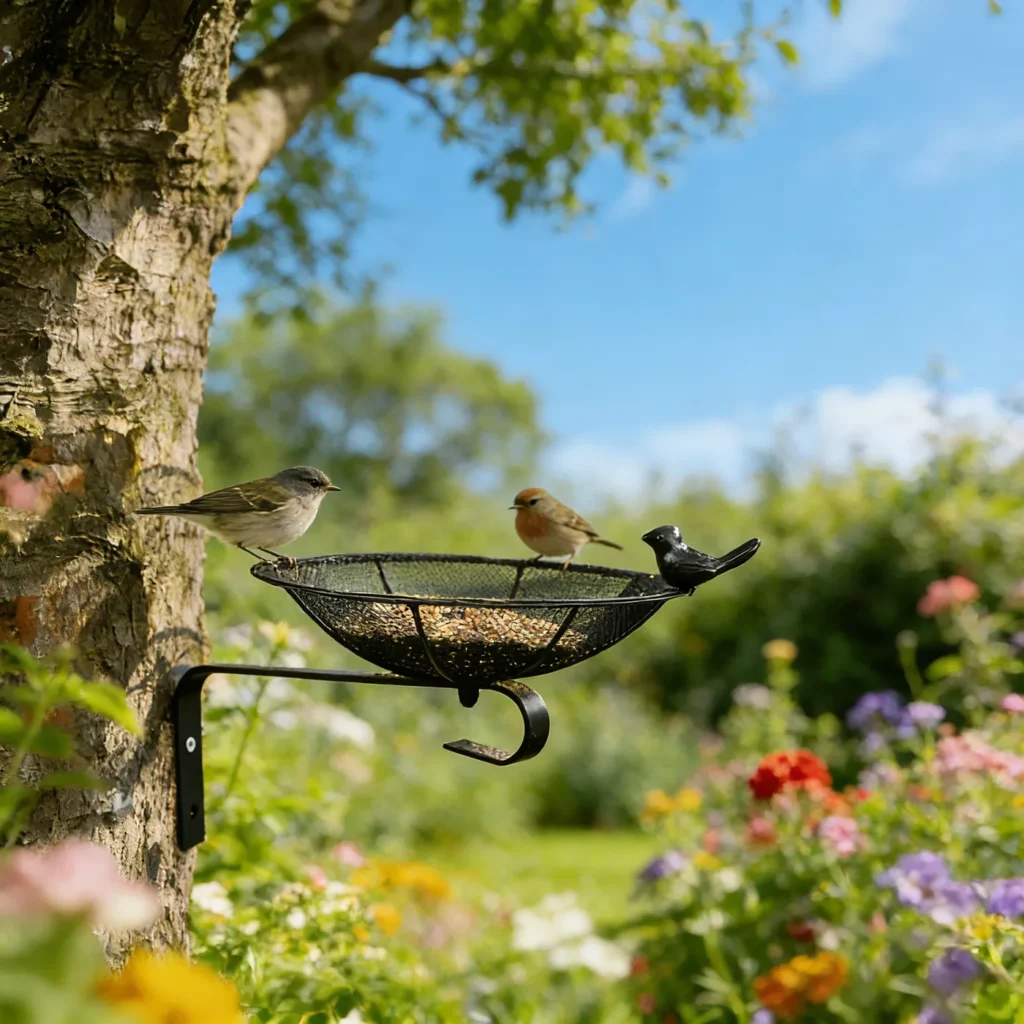 Black mesh bird feeder tray for outdoor gardens