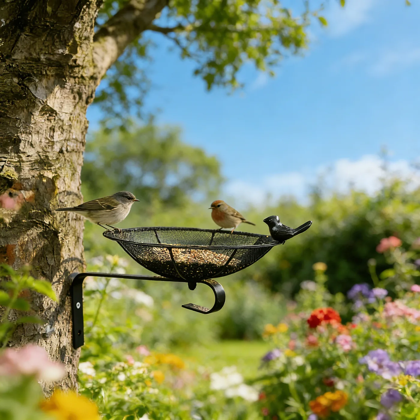 Black mesh bird feeder tray for outdoor gardens