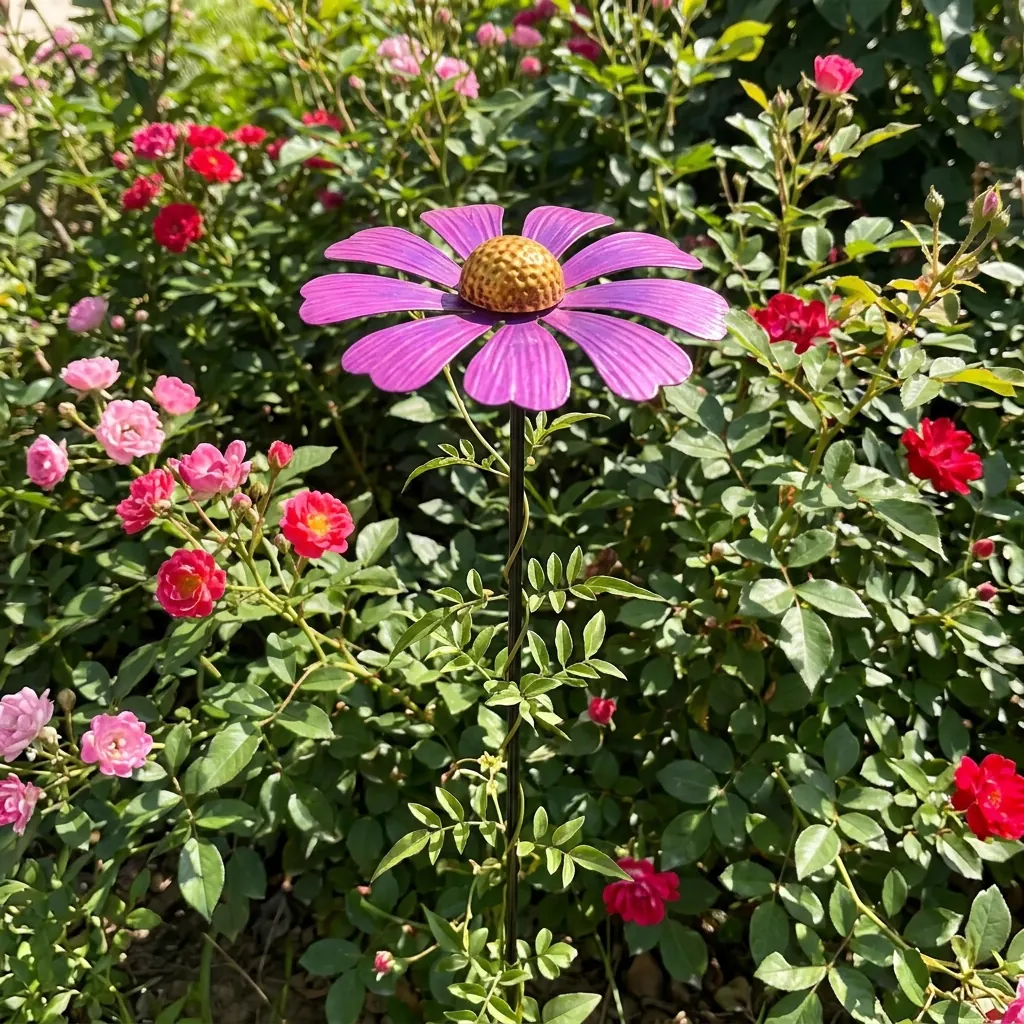 Painted flower garden stake in an outdoor flower bed