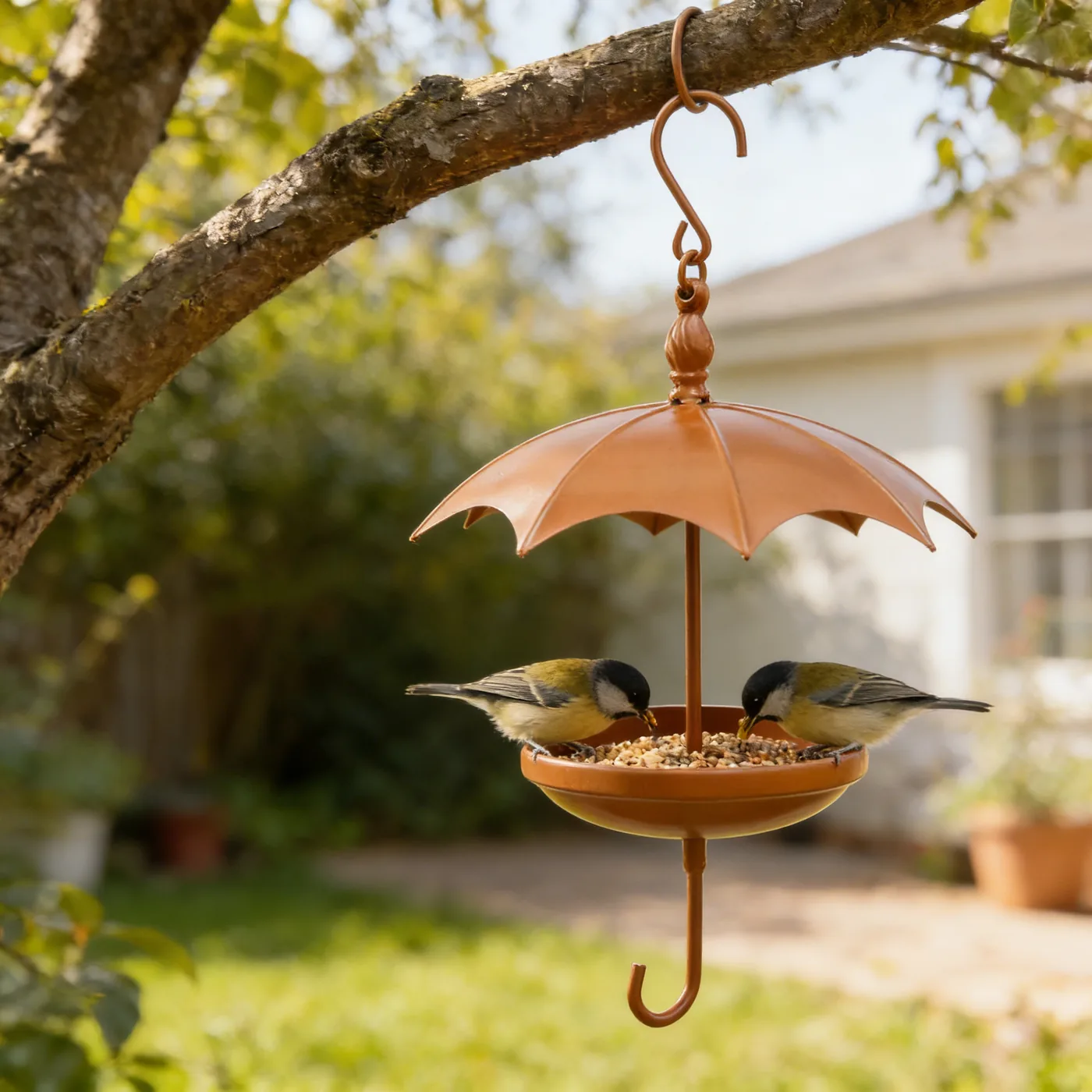 Painted umbrella bird feeder for outdoor gardens