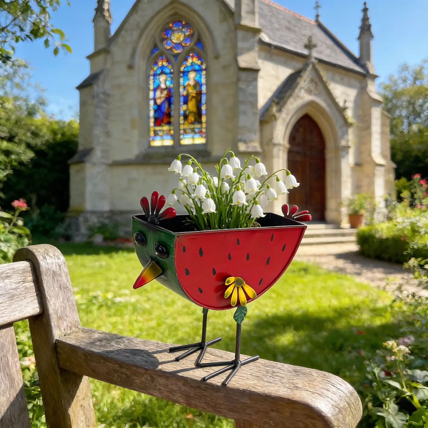 Painted watermelon chicken planter for colorful garden decor