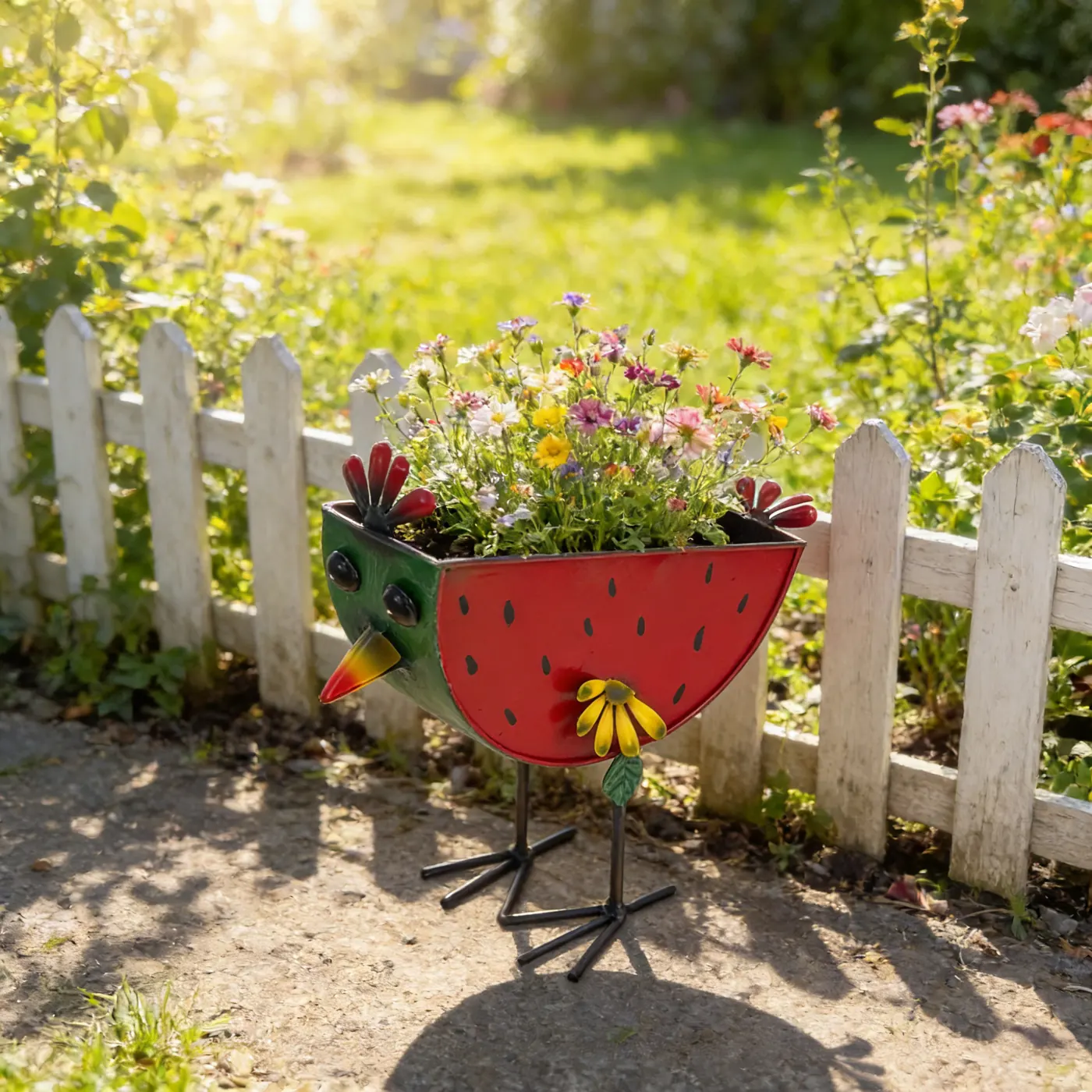 Painted Watermelon Chicken Planter for Garden Decor - Image 2