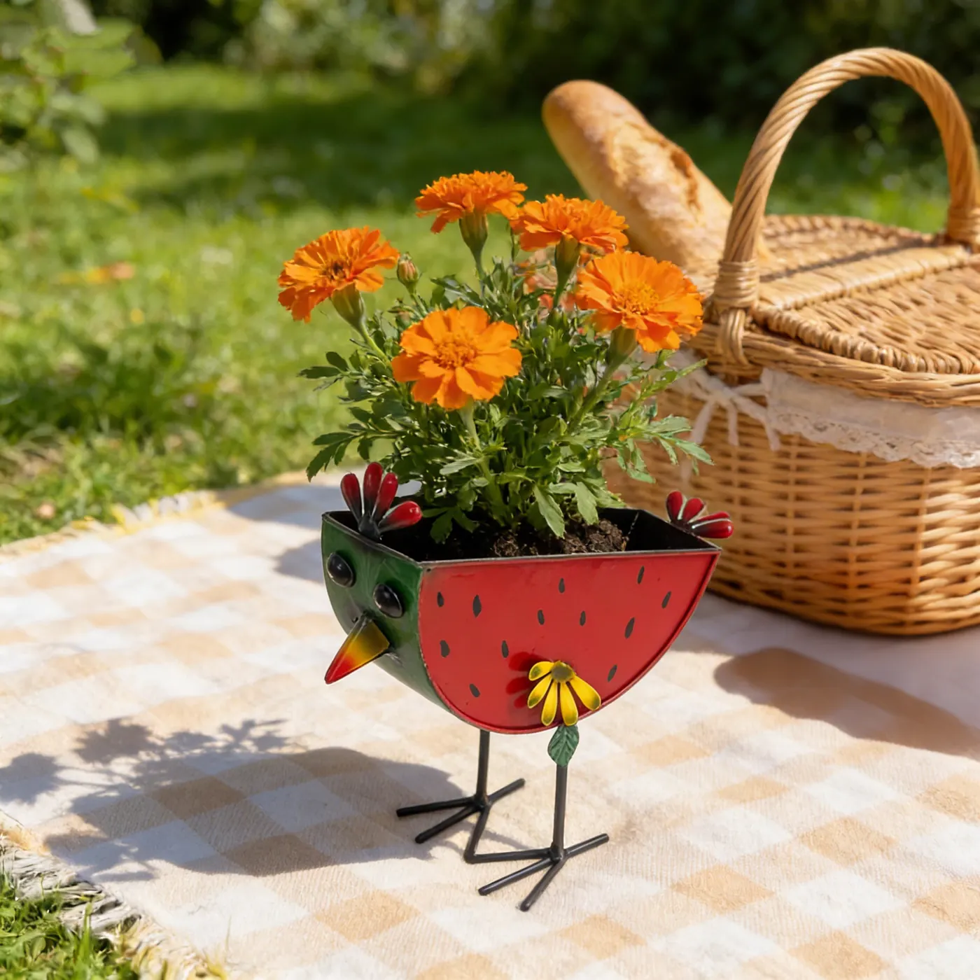 Painted Watermelon Chicken Planter for Garden Decor - Image 4