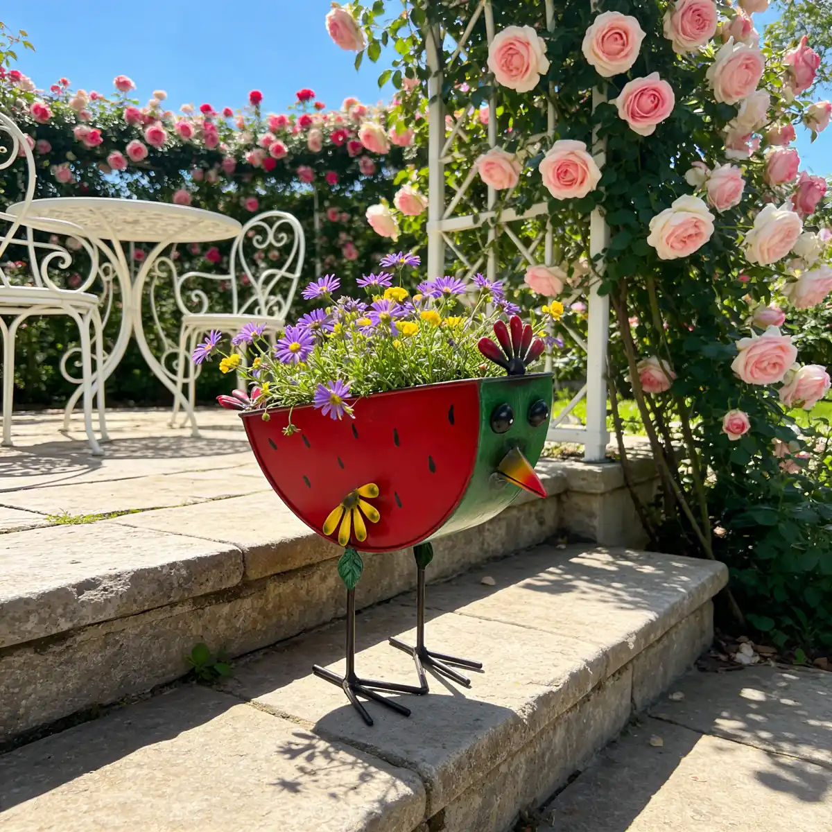 Painted Watermelon Chicken Planter for Garden Decor - Image 8