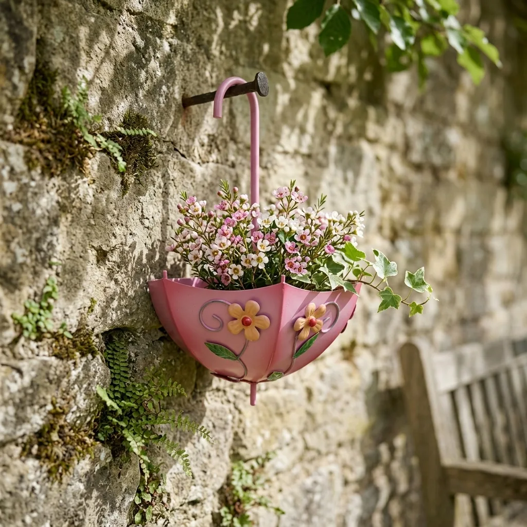 Pink umbrella wall planter with floral design