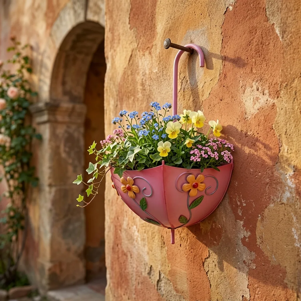 Pink Umbrella Wall Planter with Floral Design - Image 2