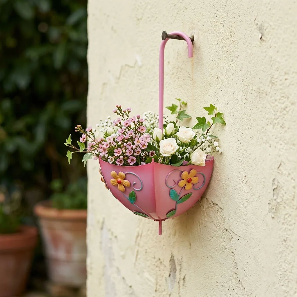 Pink Umbrella Wall Planter with Floral Design - Image 3