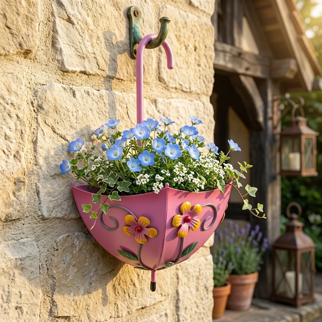 Pink Umbrella Wall Planter with Floral Design - Image 4
