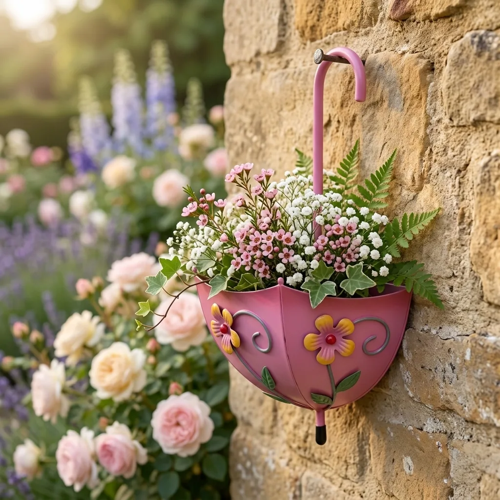 Pink Umbrella Wall Planter with Floral Design - Image 5