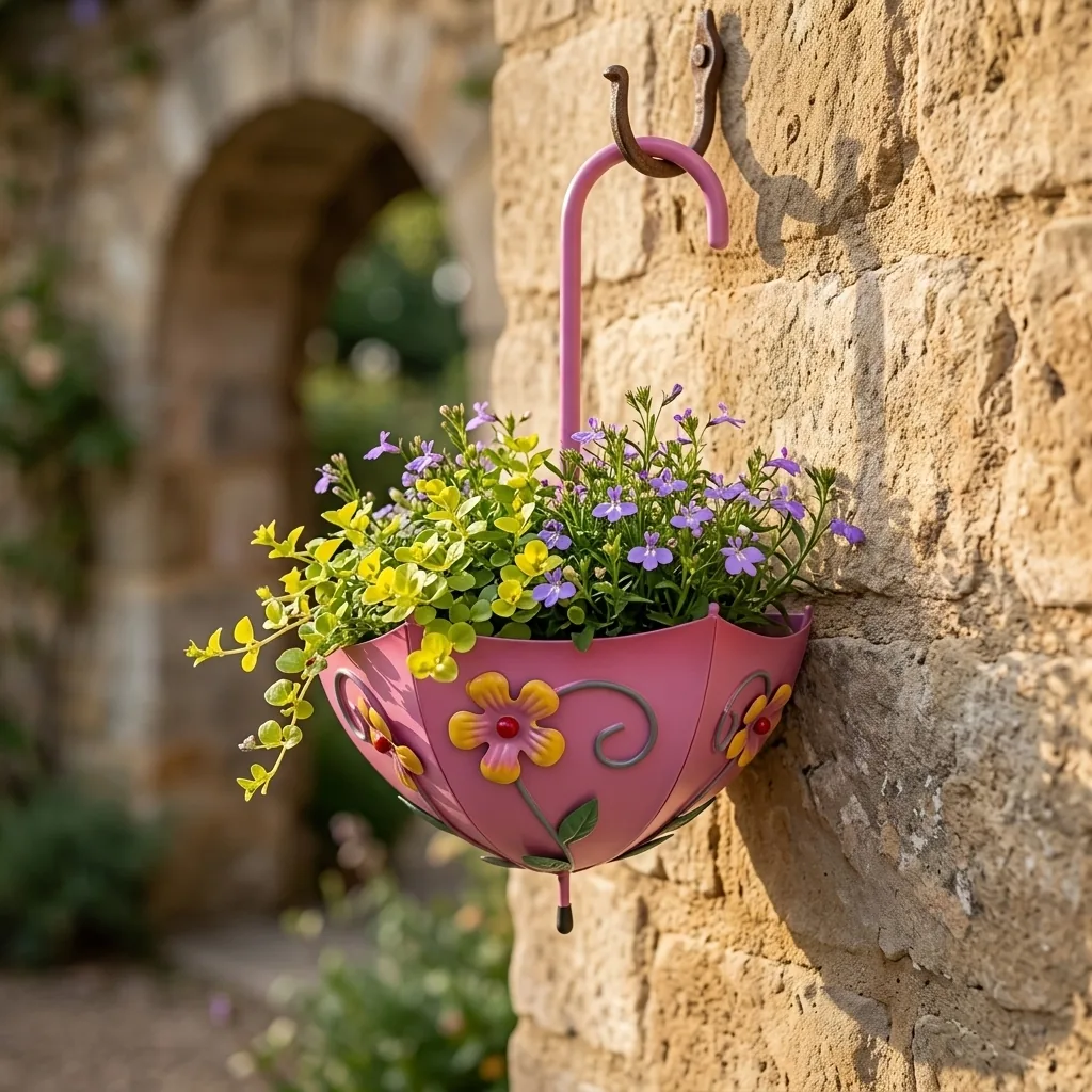 Pink Umbrella Wall Planter with Floral Design - Image 6
