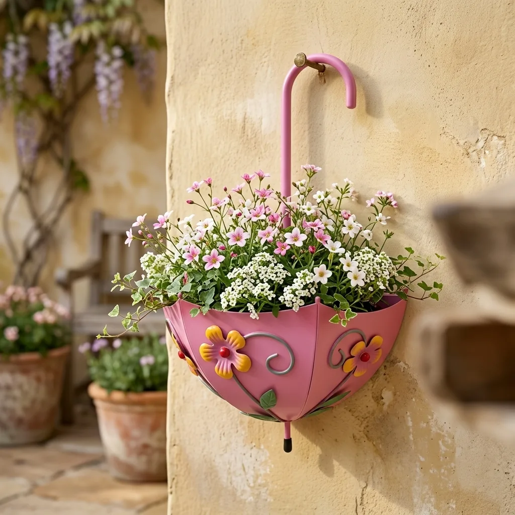 Pink Umbrella Wall Planter with Floral Design - Image 7