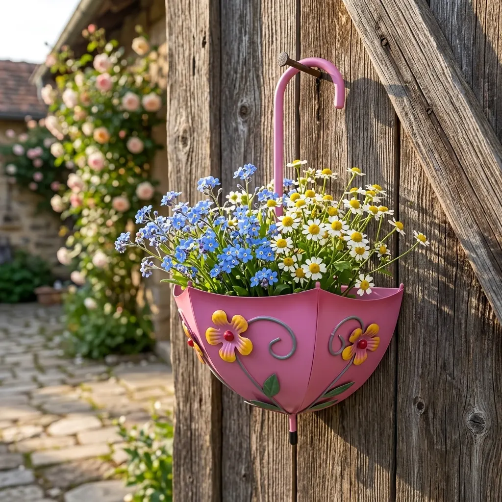 Pink Umbrella Wall Planter with Floral Design - Image 8