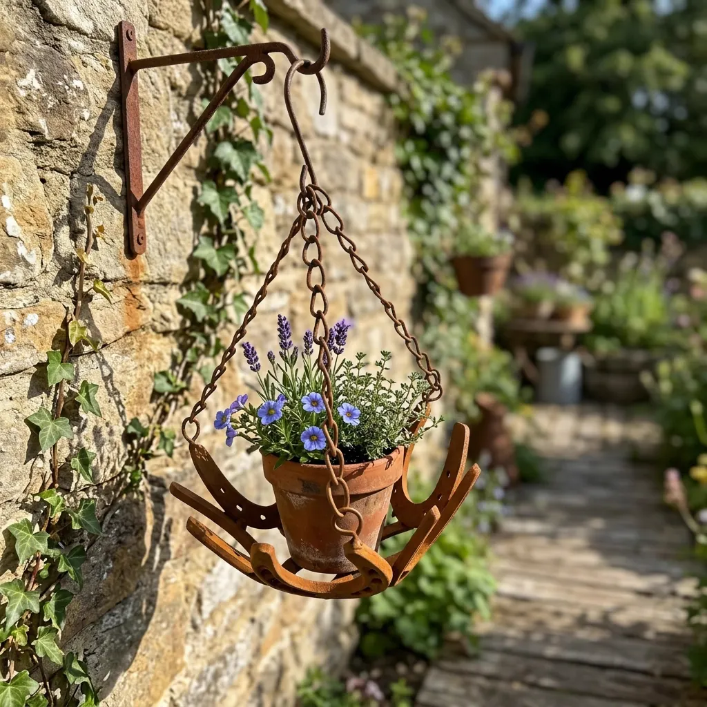 Rustic horseshoe hanging planter with flowers for garden decor