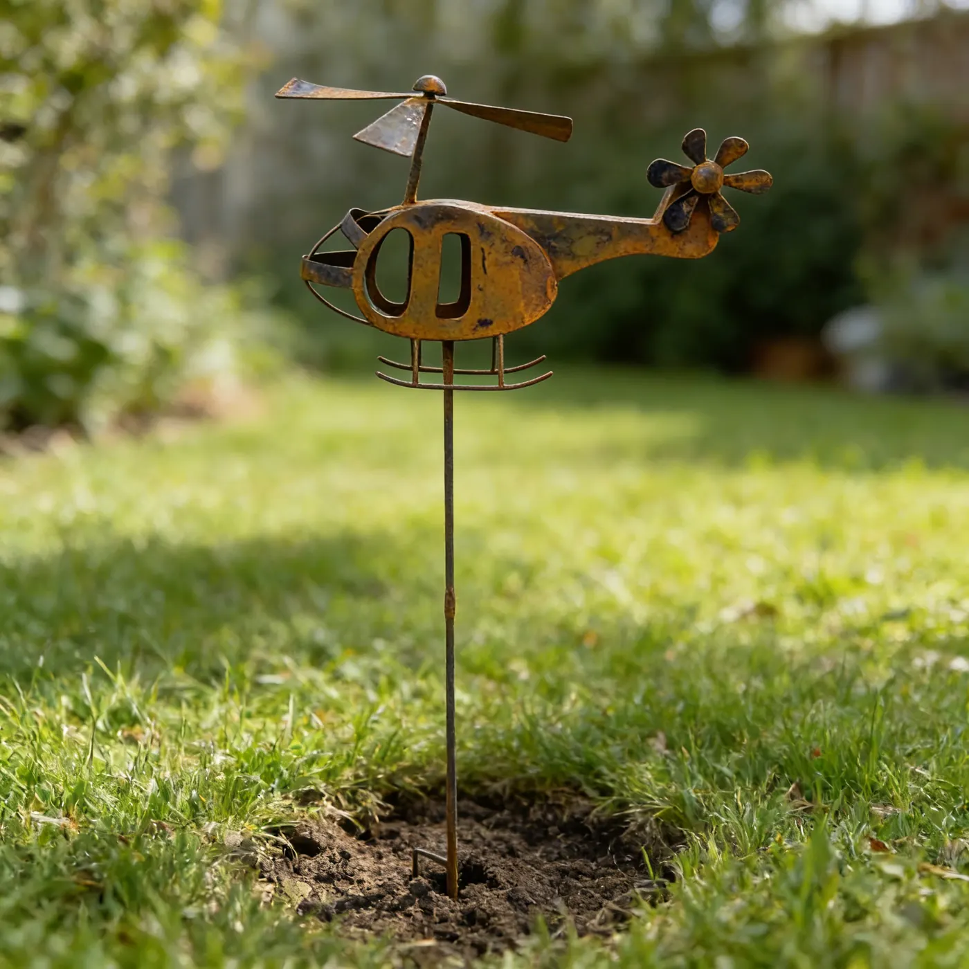 Rustic metal helicopter garden stake for outdoor decor