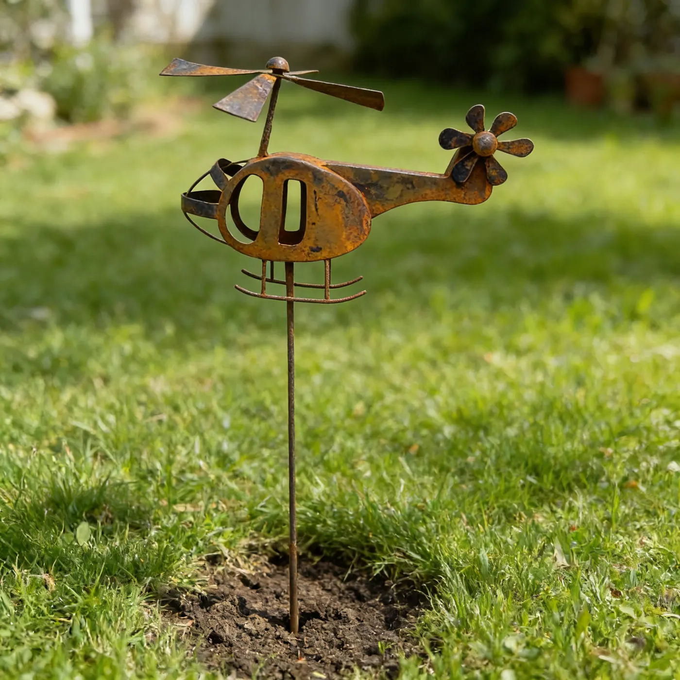 Rustic Metal Helicopter Garden Stake for Outdoor Decor - Image 2