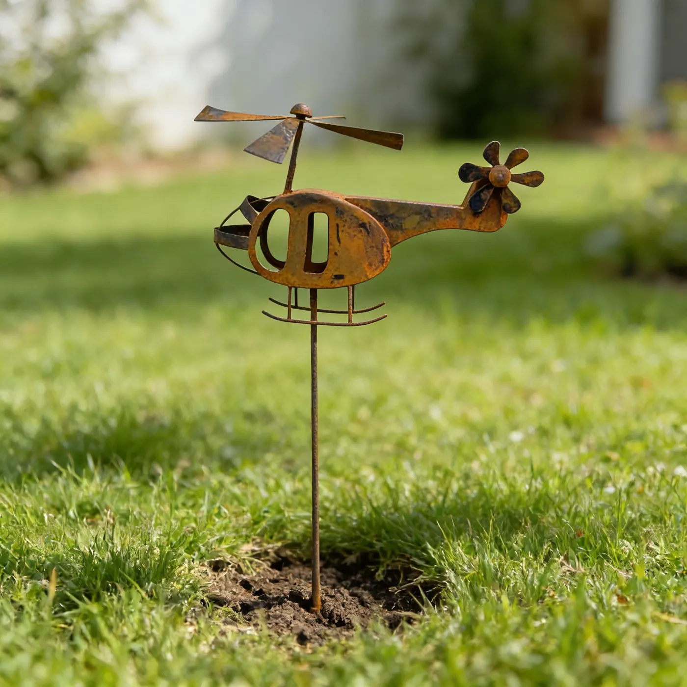 Rustic Metal Helicopter Garden Stake for Outdoor Decor - Image 3