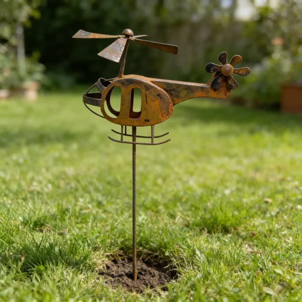 The Garden Helicopter Stake — Rust-Finish Iron Garden Accent