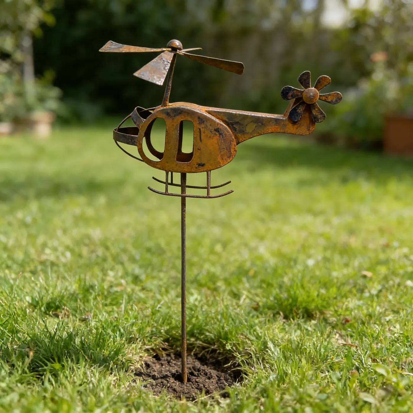 Rustic Metal Helicopter Garden Stake for Outdoor Decor - Image 4