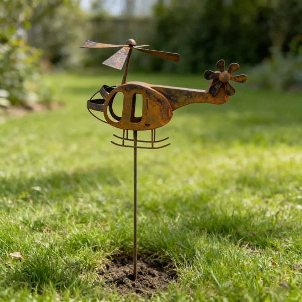 The Garden Helicopter Stake — Rust-Finish Iron Garden Accent