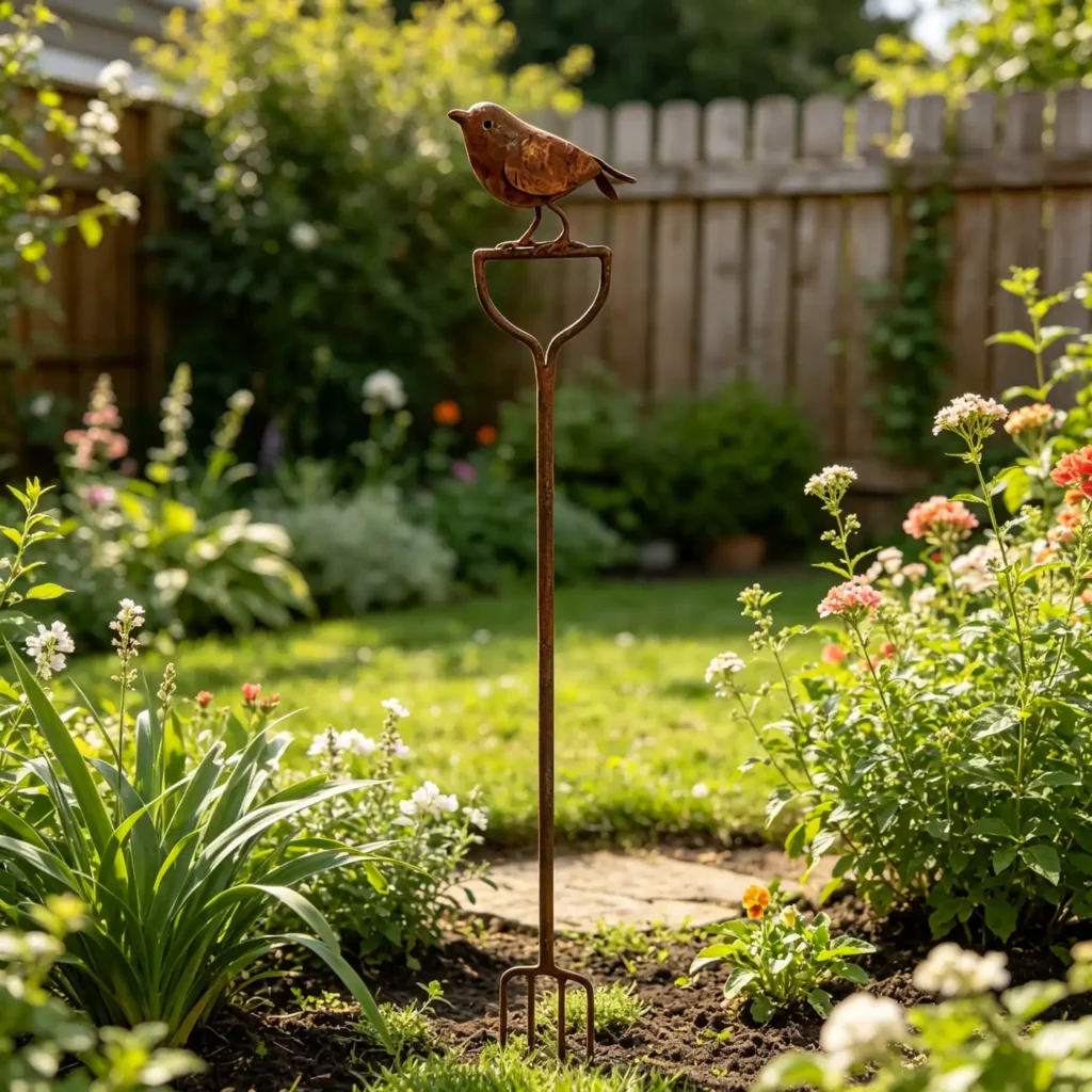 Rustic robin bird garden stake for outdoor decor