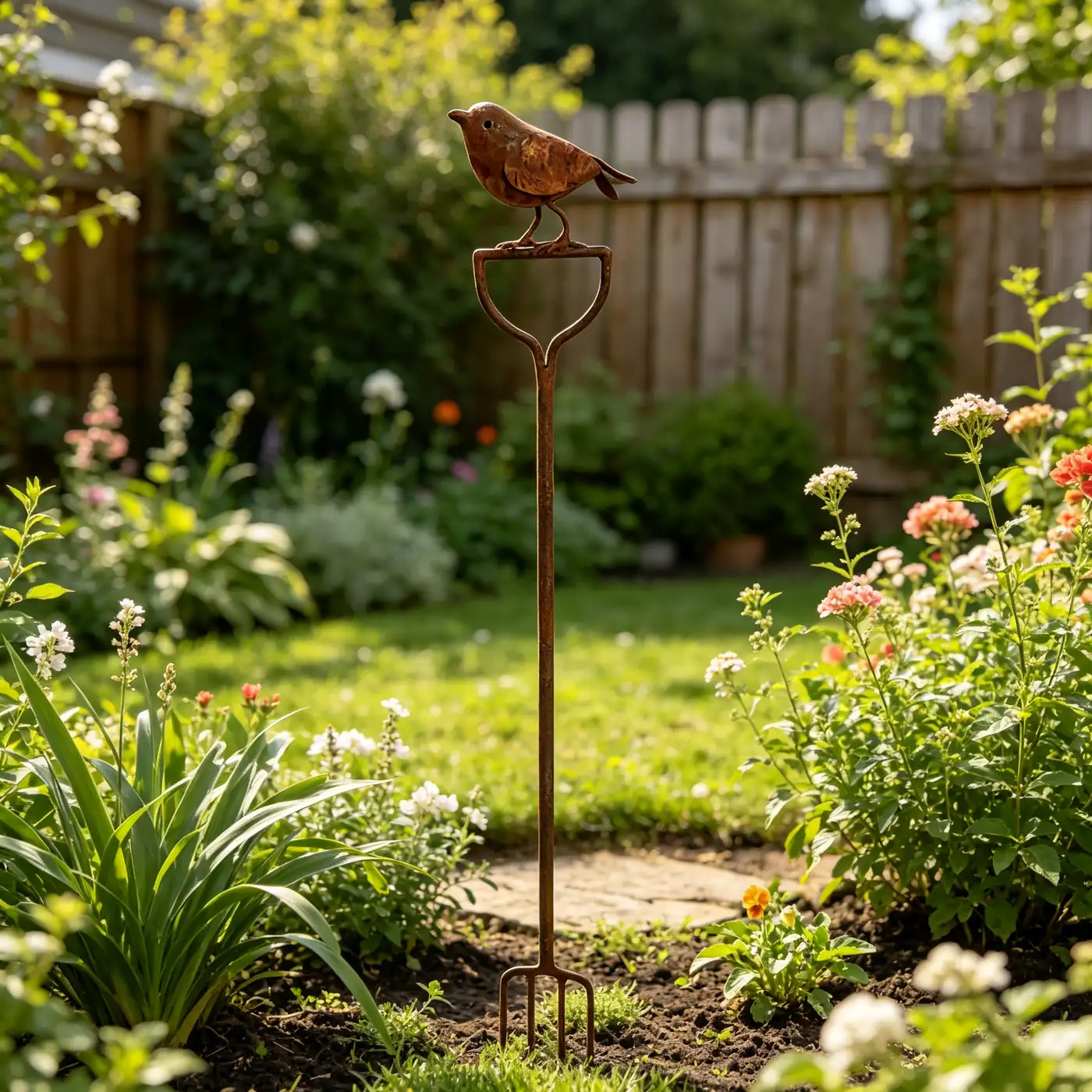 Rustic robin bird garden stake for outdoor decor