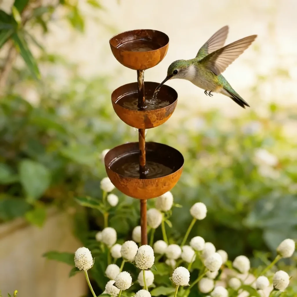 Rustic three-tier bird waterer garden stake
