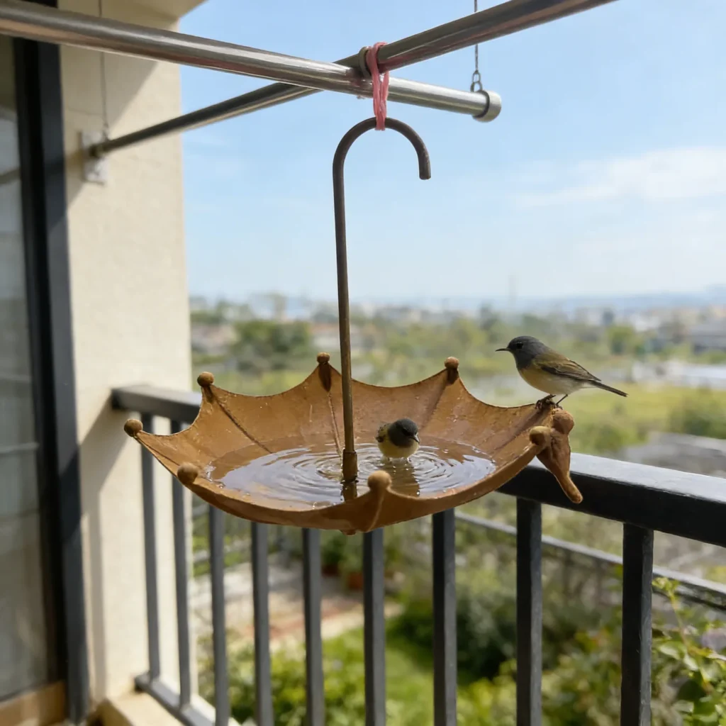 Rustic umbrella bird bath waterer for outdoor gardens